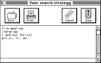 Figure 12, the Edit dialog box. Click Edit and enter a search strategy. Use the dialog's close box (the square in the upper left corner) to save the strategy. Log on to ELHILL and click Send. Your strategy will be sent.